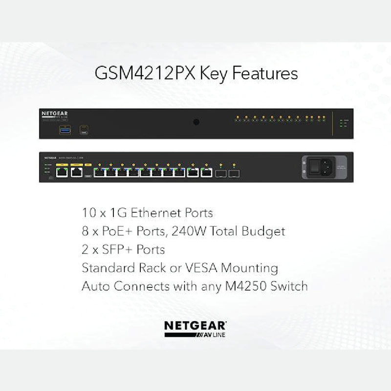 NETGEAR AV Line M4250-10G2XF-PoE+ (GSM4212PX) 8x1G PoE+ 240W 2x1G and 2xSFP+ Managed Switch