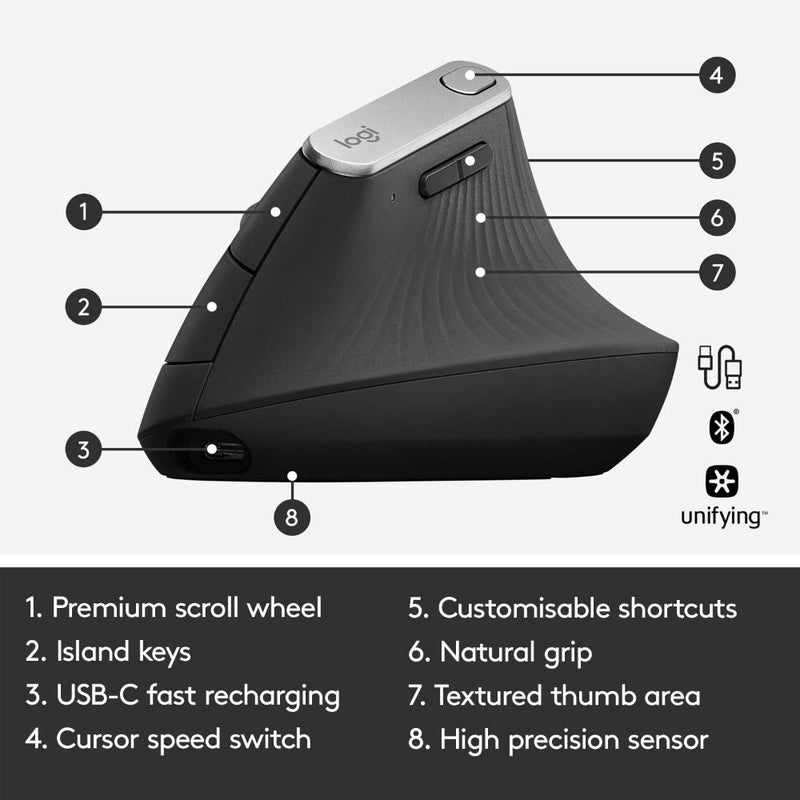 Logitech MX Vertical Ergonomic Mouse for Stress Injury Care