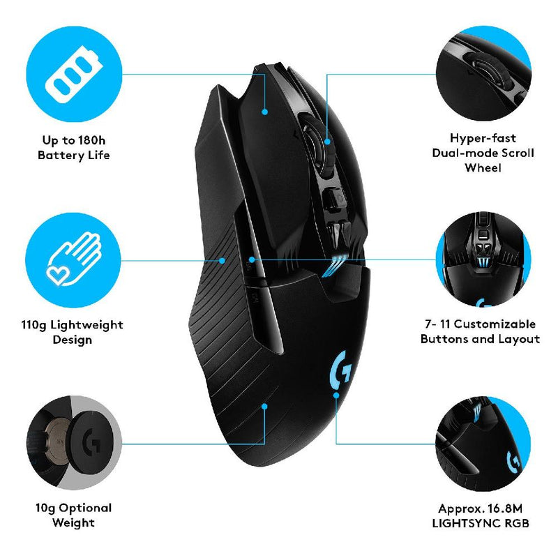 Logitech G903 LIGHTSPEED Wireless Gaming Mouse w/ HERO 25K Sensor, 140+ Hour with Rechargeable Battery and LIGHTSYNC RGB. POWERPLAY Compatible, Ambidextrous, 107g+10g Optional, 25,600 DPI