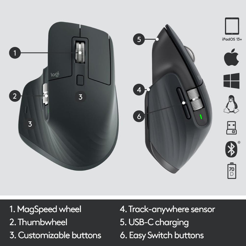 Logitech MX Master 3 Advanced Wireless Mouse, Ultrafast Scrolling, Use on Any Surface, Ergonomic, 4000 DPI, Customization, USB-C, Bluetooth, USB, Apple Mac, Microsoft PC Windows, Linux, iPad