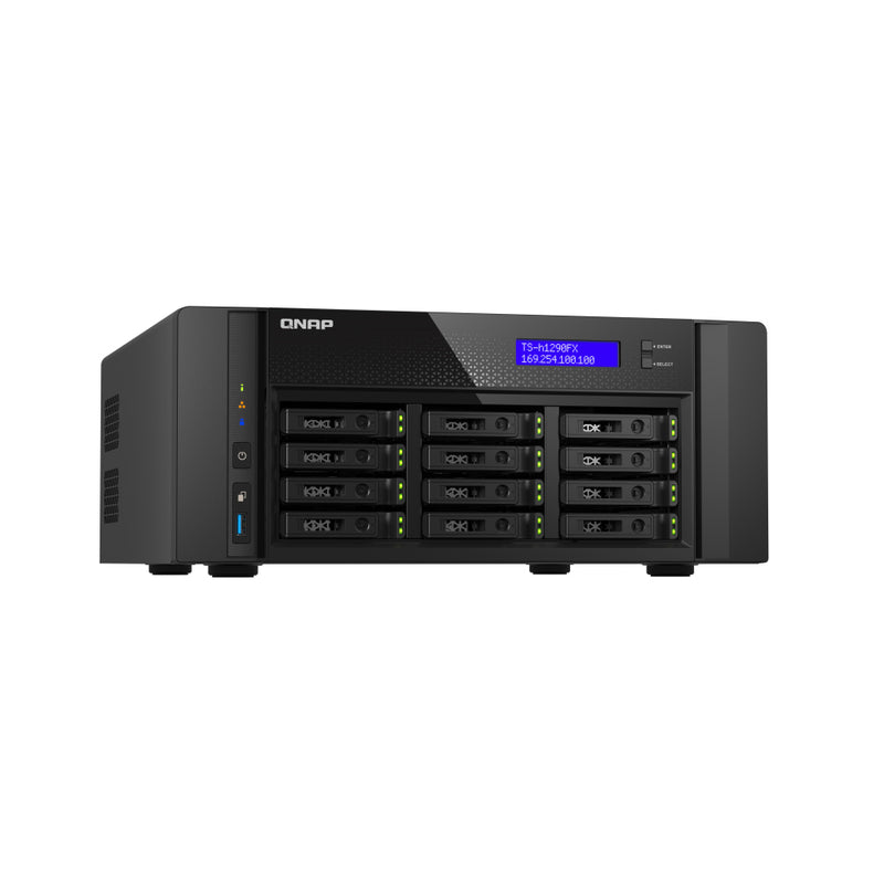 QNAP TS-h1290FX 12 Bay U.2 NVMe/ SATA all-flash NAS , featuring ZFS-based storage and 25GbE connectivity