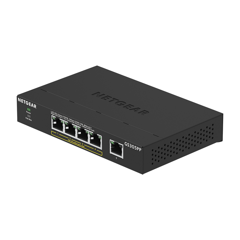 NETGEAR GS305PP 5-Port Gigabit Ethernet Unmanaged PoE+ Switch - with 4 x PoE @ 83W, Desktop, Sturdy Metal Fanless Housing