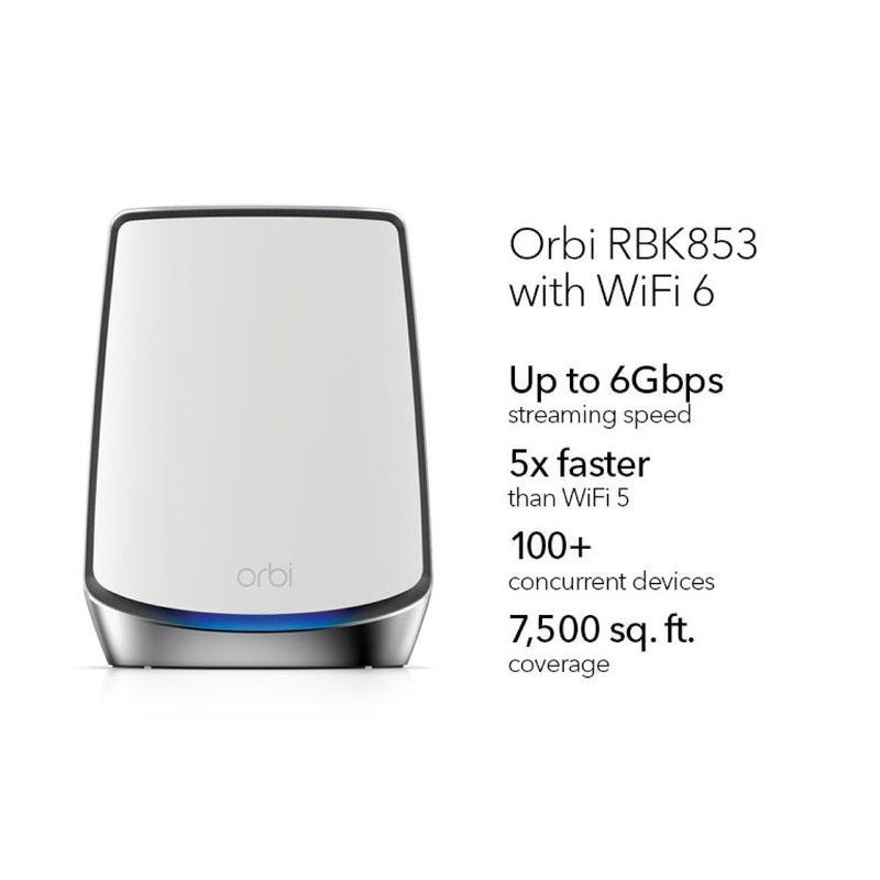 NETGEAR Orbi RBK853 Ultra-Performance Tri-band Mesh WiFi-6 System - AX6000 (1 Router + 2 Satellites)