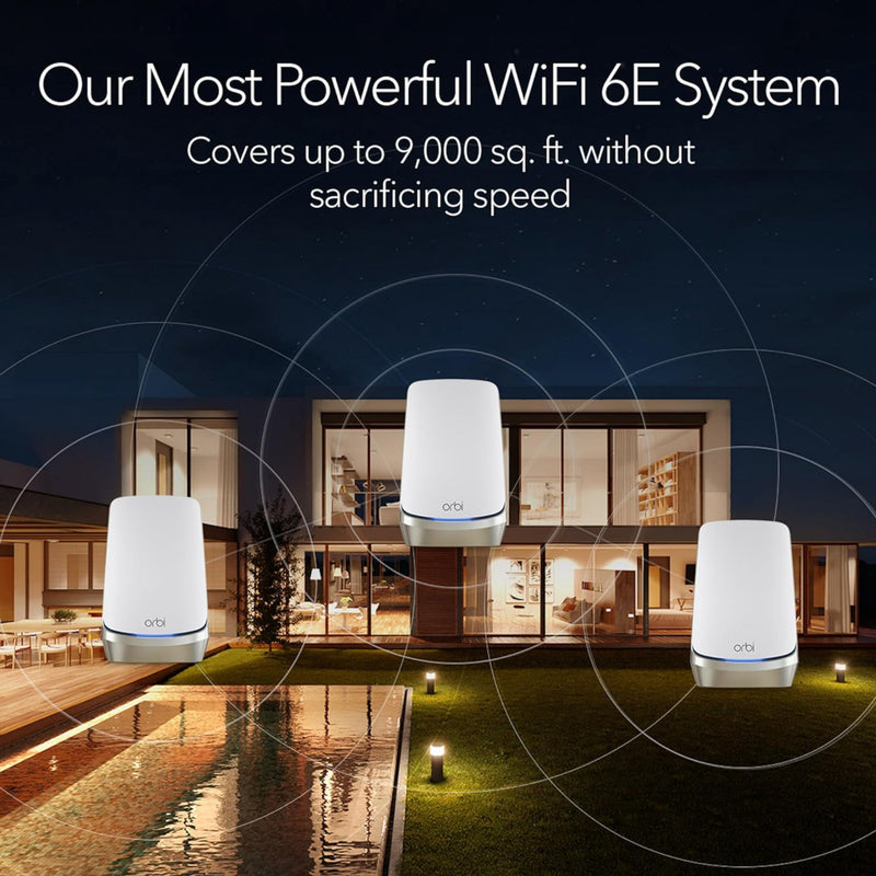 Netgear RBKE963 Orbi Quad-Band AXE11000 Wifi 6E Ultra Performance Mesh System - Wifi 6E Router & 2 Satellites with 10 Gig | 3x 2.5 Gig | 9x 1 Gig | Coverage up to 9000 sqft | White Edition