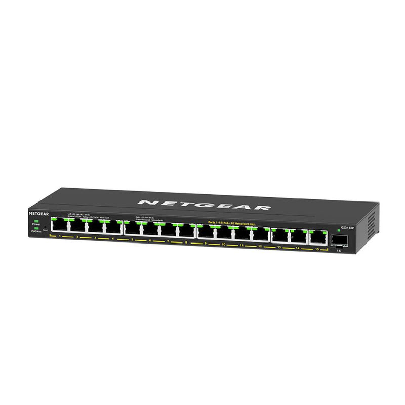 NETGEAR GS316EP 16-Port PoE Gigabit Ethernet Plus Switch - Managed, with 15 x PoE+ @ 180W, 1 x 1G SFP Port, Desktop or Wall Mount