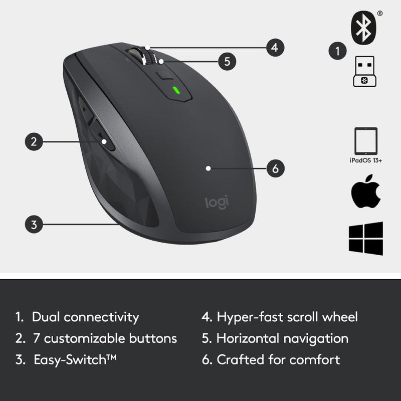 Logitech MX Anywhere 2S Graphite Wireless Multi Device Mouse With Logitech Flow, Gesture Control and Wireless File Transfer (Work From Home, Home Based Learning)