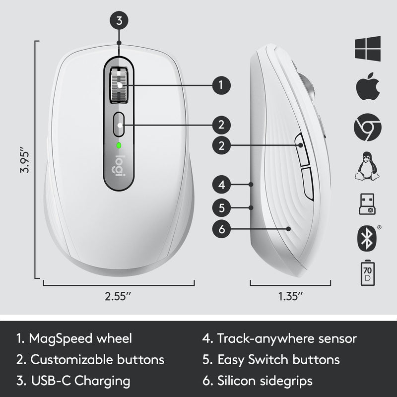 Logitech MX Anywhere 3 Compact Performance Mouse, Wireless, Comfort, Fast Scrolling, Any Surface, Portable, 4000DPI, Customizable Buttons, USB-C, Bluetooth, Apple Mac, iPad, Windows PC, Linux, Chrome