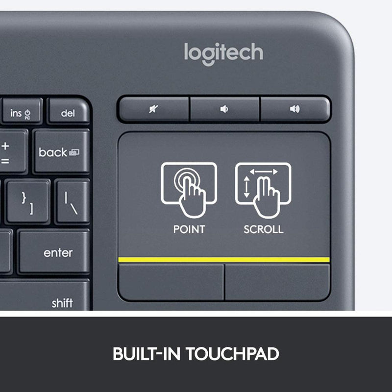 Logitech K400 Plus Black TV Plus Unifying Keyboard with Android Keys and Integrated Touchpad, TV-Connected PC