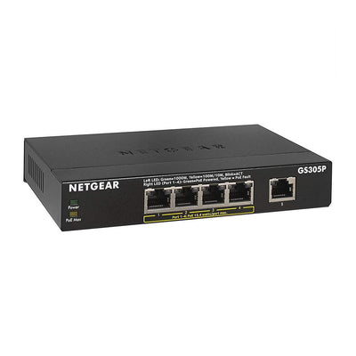 NETGEAR GS305P 5-Port Gigabit Ethernet Unmanaged PoE Switch - with 4 x PoE @ 55W, Desktop, Sturdy Metal Fanless Housing