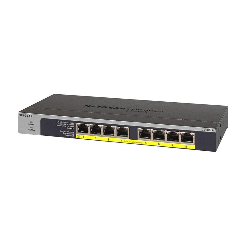 NETGEAR GS108LP 8-Port Gigabit Ethernet Unmanaged PoE Switch - with 8 x PoE+ 60W Upgradeable, Desktop/Rackmount, and ProSAFE Limited Lifetime Protection