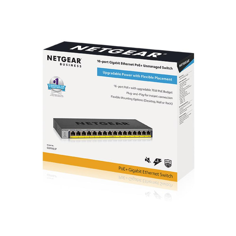 NETGEAR GS116PP 16-Port Gigabit Ethernet Unmanaged PoE Switch - with 16 x PoE+ @ 183W, Desktop/Rackmount, and ProSAFE Limited Lifetime Protection