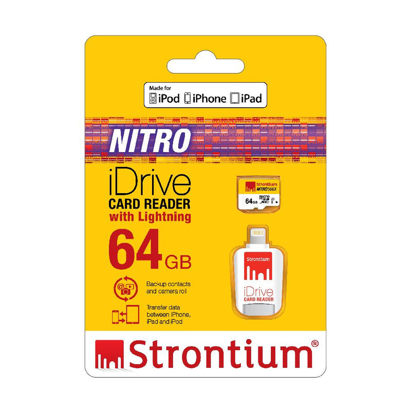 Strontium Nitro 64GB Micro SDXC UHS-1 Memory Card with iDrive Card Reader with Lightning Connector for iPads, iPhones and Computers - (SRN64GTFU1D)