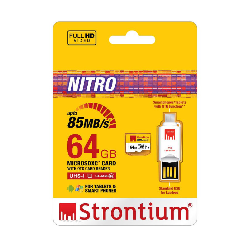 Strontium Nitro 64GB MicroSDXC UHS-I Memory Card with OTG Card Reader Up to 85MB/s (SRN64GTFU1T)