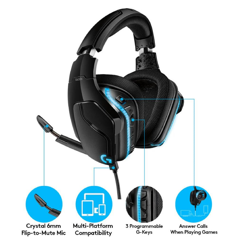 Logitech G633S Wired Gaming RGB Headset, 7.1 Surround Sound, DTS Headphone:X 2.0, 50 mm Pro-G Drivers, USB and 3.5 mm Jack, Flip-to-Mute Mic, PC, Black