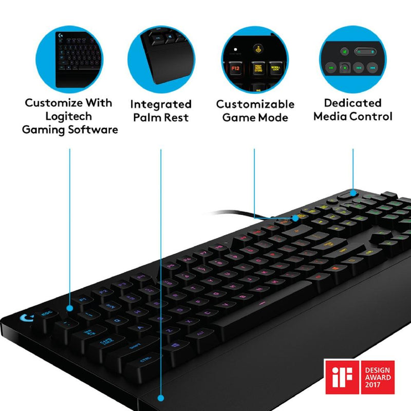 Logitech G213 Prodigy Gaming Keyboard, LIGHTSYNC RGB Backlit Keys, Spill-Resistant, Customizable Keys, Dedicated Multi-Media Keys – Black
