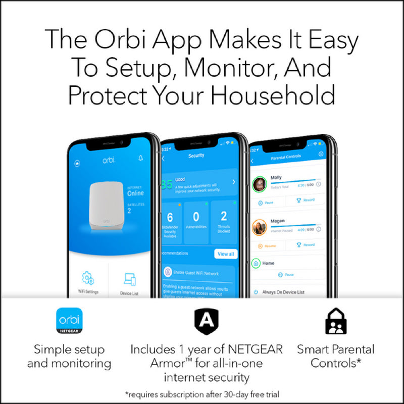 Orbi RBK763S 5.4Gbps Triband 3-Pack WiFi 6 Mesh System with 1-Year Armor
