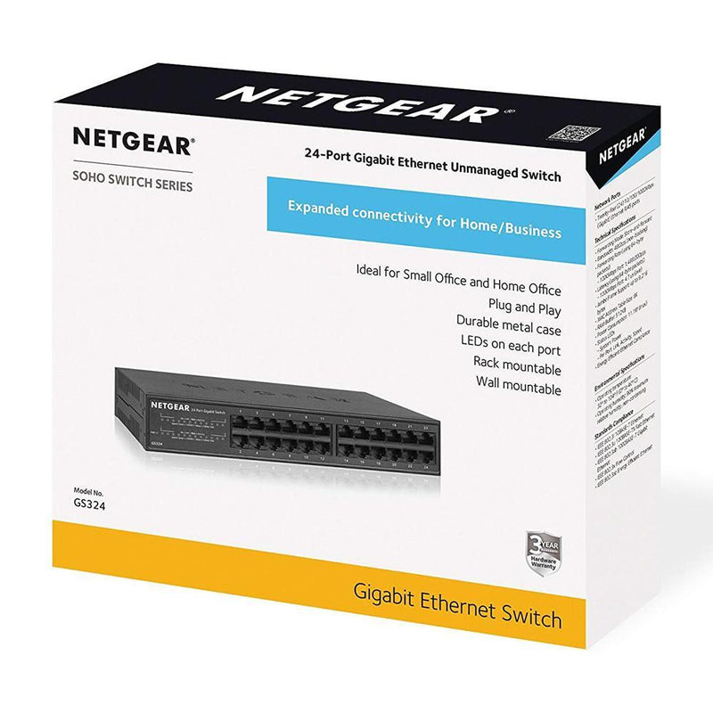 NETGEAR GS324 24-Port Gigabit Ethernet Unmanaged Switch - Desktop/Rackmount, Fanless Housing for Quiet Operation